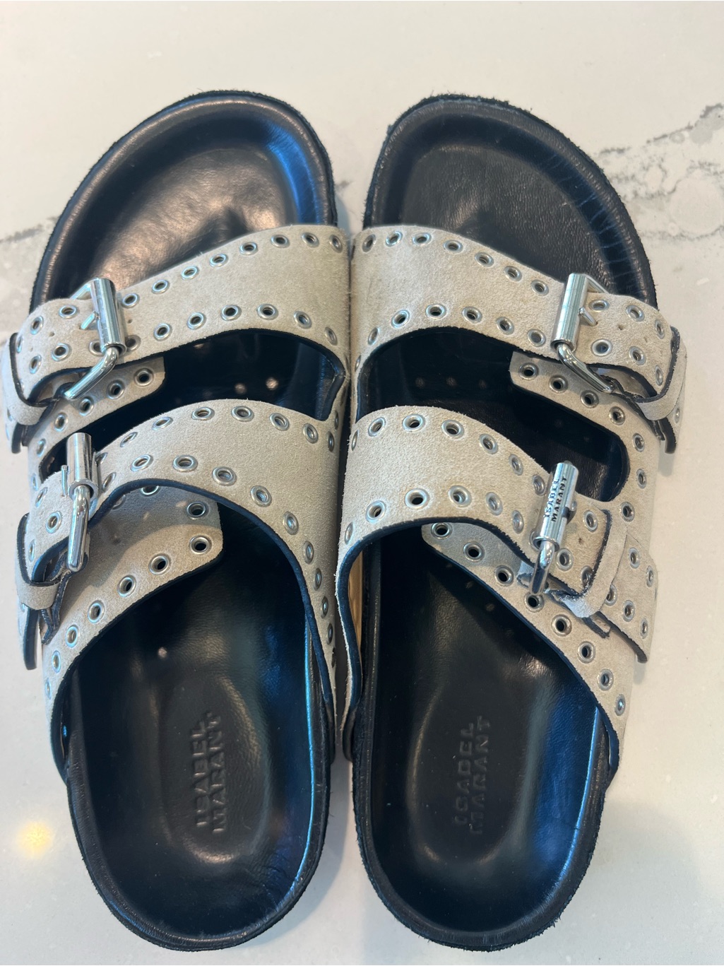 Isabel Marant Silver Eyelet Double-Buckle Slide Sandals